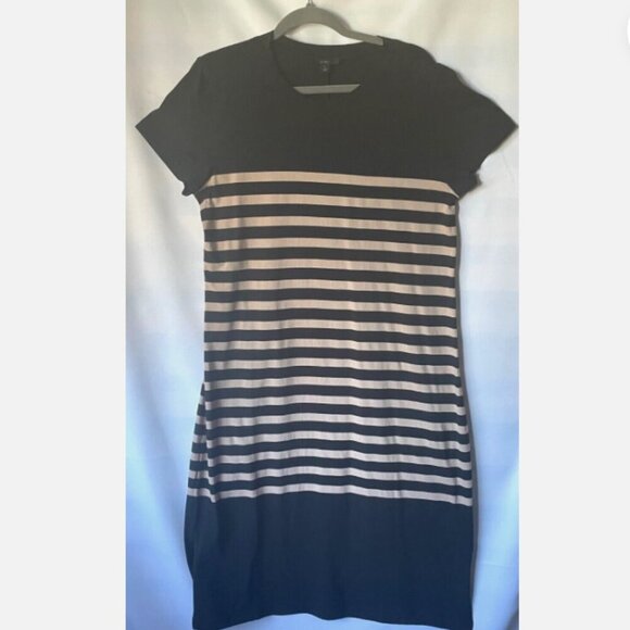J Crew T Shirt Cotton Midi Dress Large Black Stripe Crew Neck ALine Relaxed - Picture 2 of 7